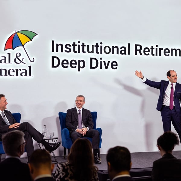 António Simões, Andrew Kail, and Jeff Davies, on stage at L&G's Institutional Retirement Deep Dive Event.