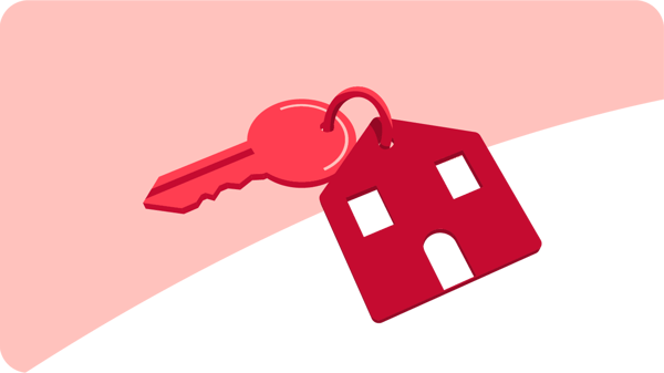 Illustration of a red key attached to a house-shaped keychain with two square windows and a door cut-out, set against a white and light pink curved background.