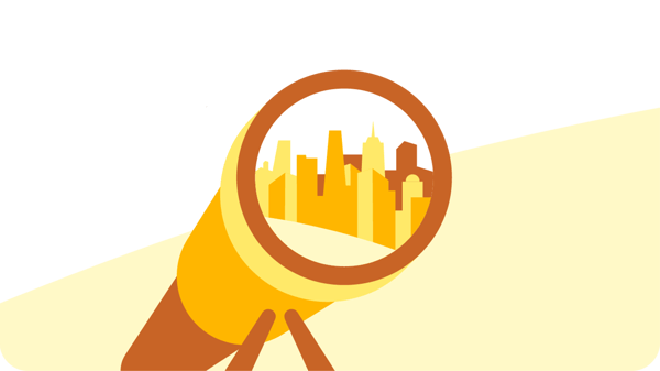 Illustration of a yellow telescope focused on a city skyline with tall buildings, viewed through its lens, set against a light yellow curved background.