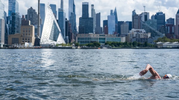 Lewis Pugh, UN Environment Programme's Patron of the Oceans, swims the Hudson River.