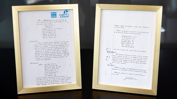 The original handwritten minutes of L&G's first board meeting in 1836, framed.