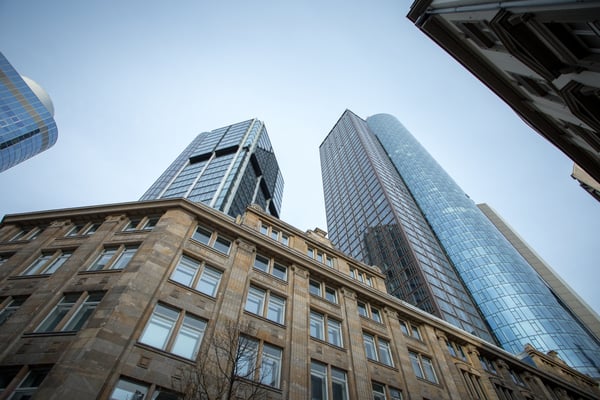 low angle shot high rise skyscrapers clear sky frankfurt germany