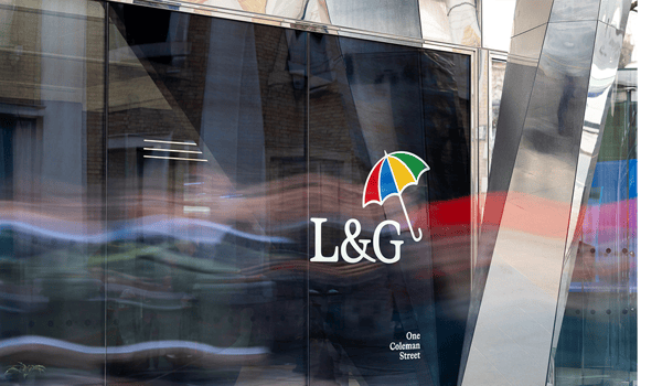 Exterior view of the L&G office at One Coleman Street, London, UK. The building has large glass windows, with the L&G logo.