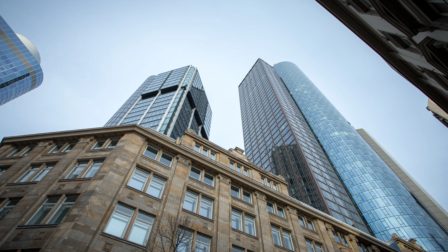 Low angle shot of high rise skyscrapers in Frankfurt Germany Low angle shot of high rise skyscrapers in Frankfurt Germany