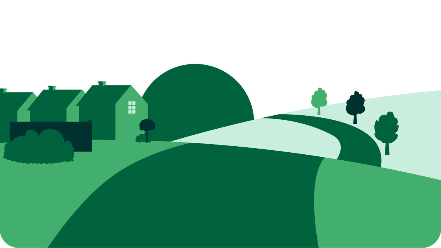 Illustration of a green countryside scene with a winding road, trees, and a row of houses on the left, set against a light green curved background. Illustration of a green countryside scene with a winding road, trees, and a row of houses on the left, set against a light green curved background.