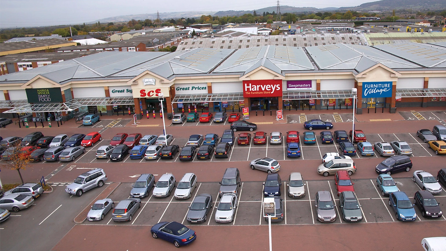 Kingsditch Retail park exterior in aerial view Kingsditch Retail park exterior in aerial view