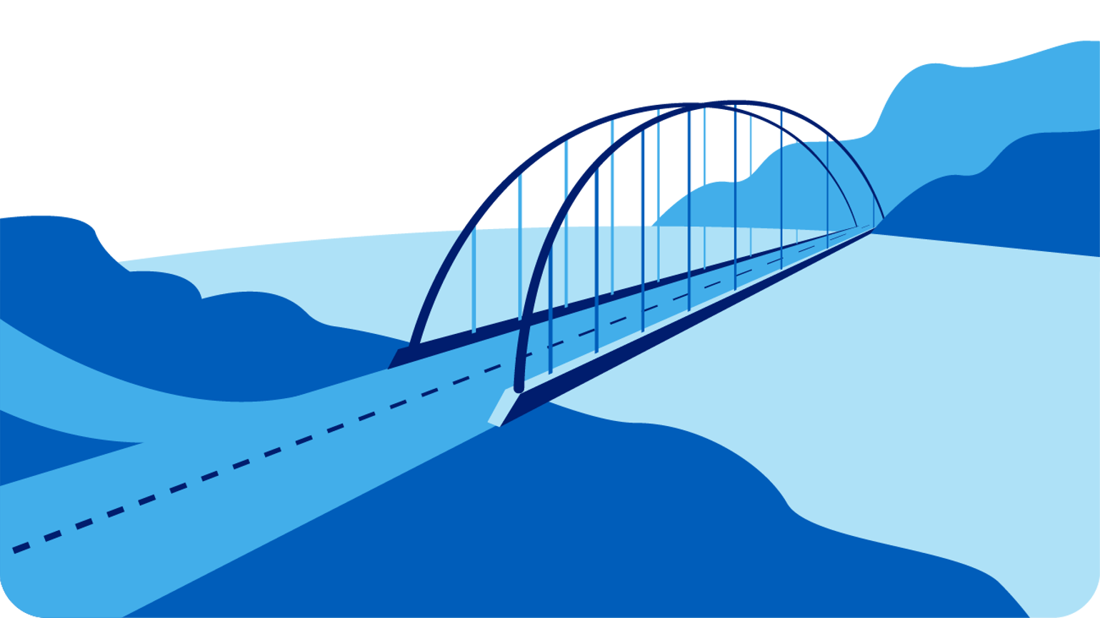Illustration of a blue arched bridge spanning across a river, with layered blue hills in the background and a road leading onto the bridge. Illustration of a blue arched bridge spanning across a river, with layered blue hills in the background and a road leading onto the bridge.