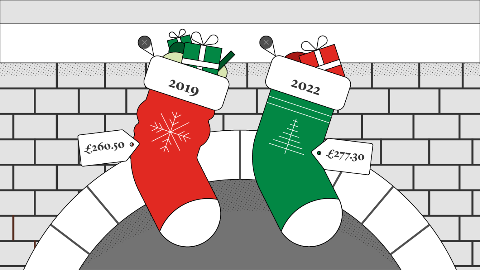 Inflation sets Christmas spending power in Christmas socks illustration Inflation sets Christmas spending power in Christmas socks illustration