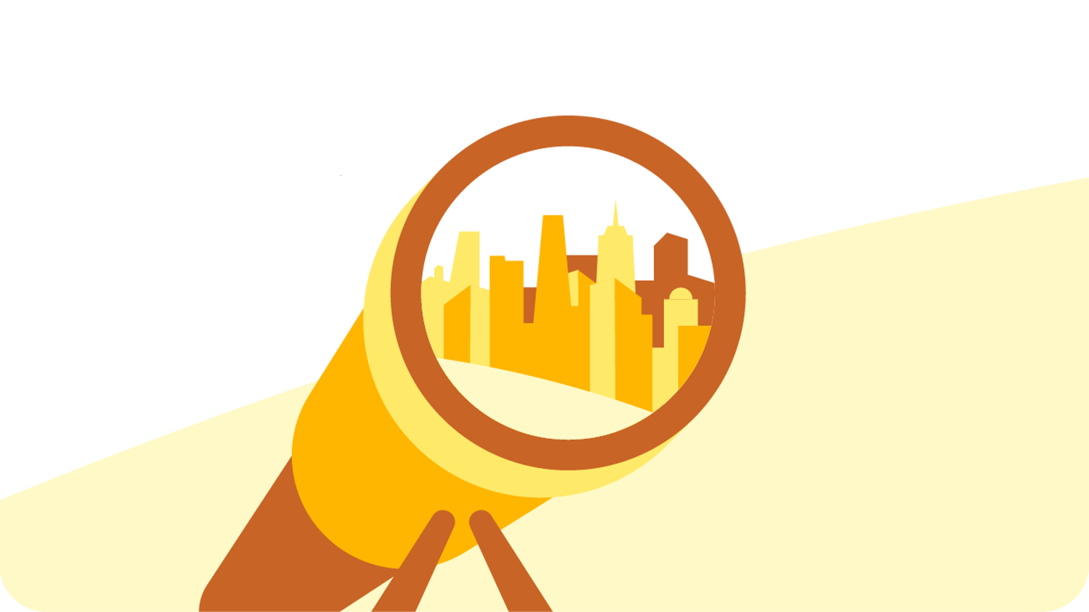 Illustration of a yellow telescope focused on a city skyline with tall buildings, viewed through its lens, set against a light yellow curved background. Illustration of a yellow telescope focused on a city skyline with tall buildings, viewed through its lens, set against a light yellow curved background.