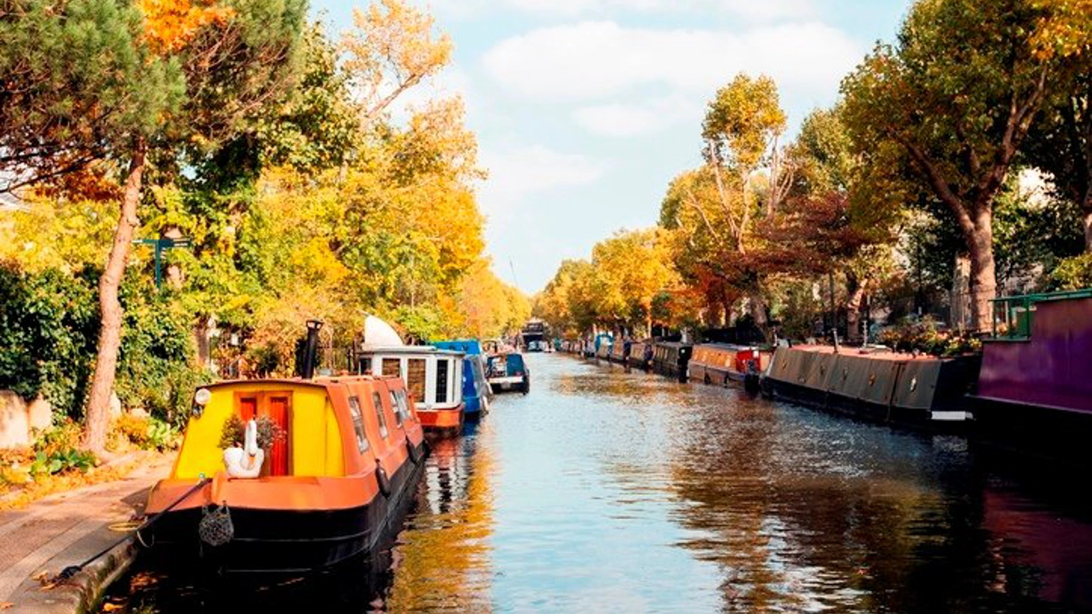 Autumn in canal with boats Autumn in canal with boats