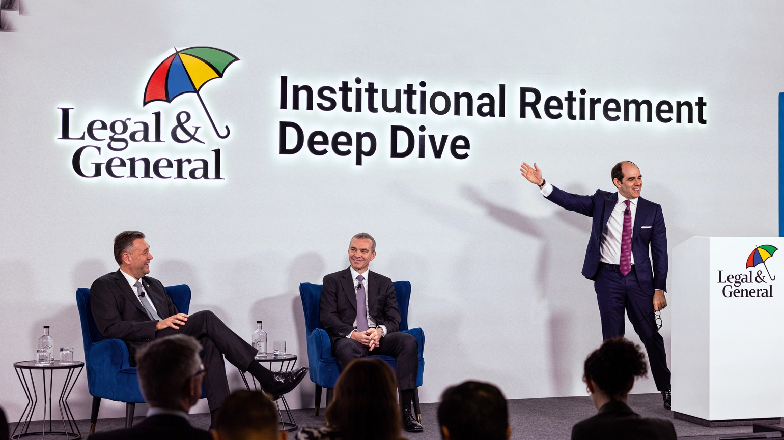 António Simões, Andrew Kail, and Jeff Davies, on stage at L&G's Institutional Retirement Deep Dive Event. António Simões, Andrew Kail, and Jeff Davies, on stage at L&G's Institutional Retirement Deep Dive Event.