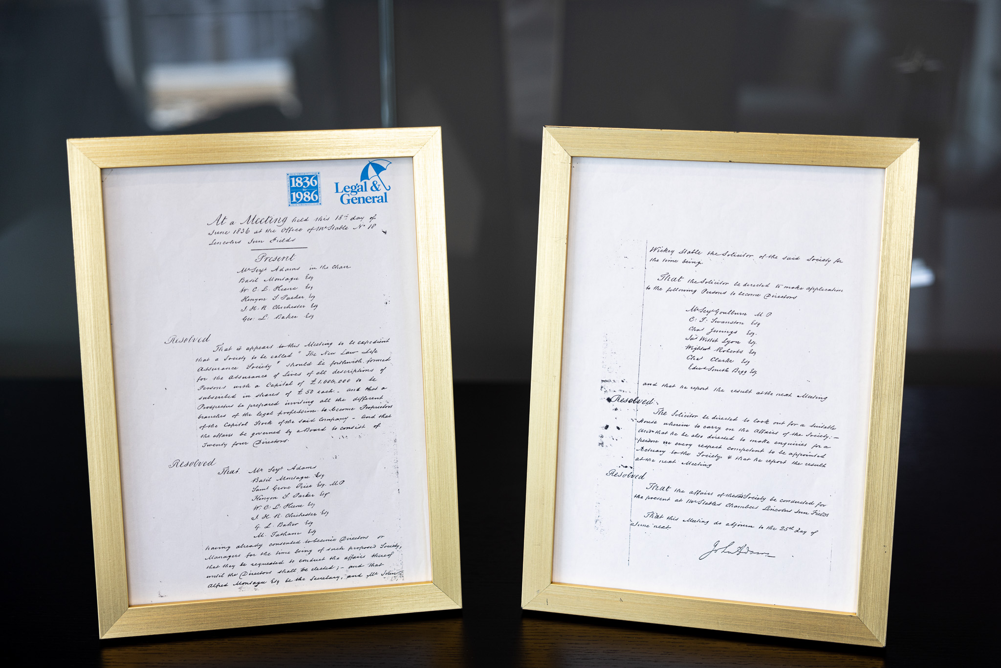 Framed original handwritten minutes from L&G's first board meeting in 1836.