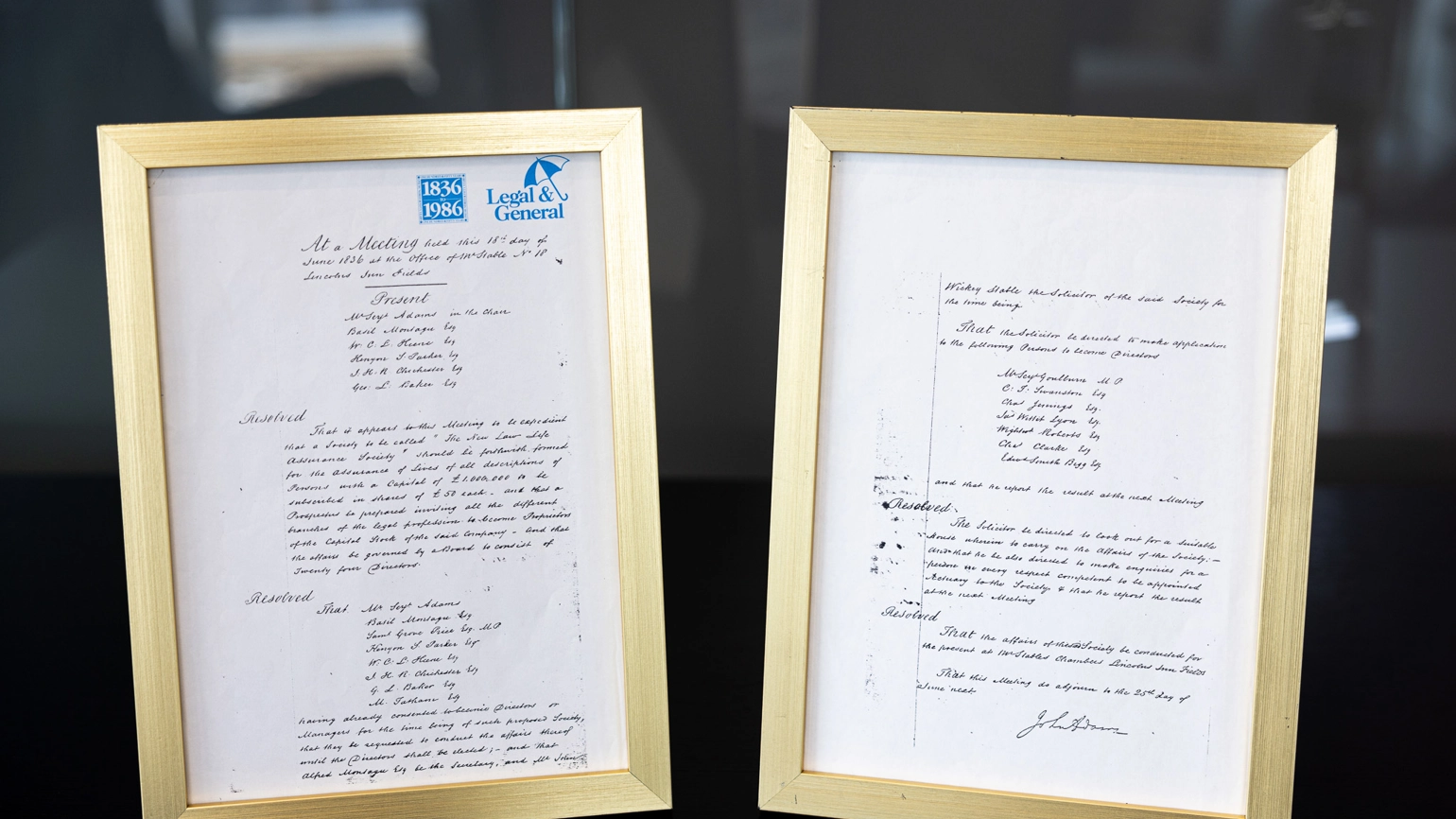 Framed original handwritten minutes from L&G's first board meeting in 1836. Framed original handwritten minutes from L&G's first board meeting in 1836.
