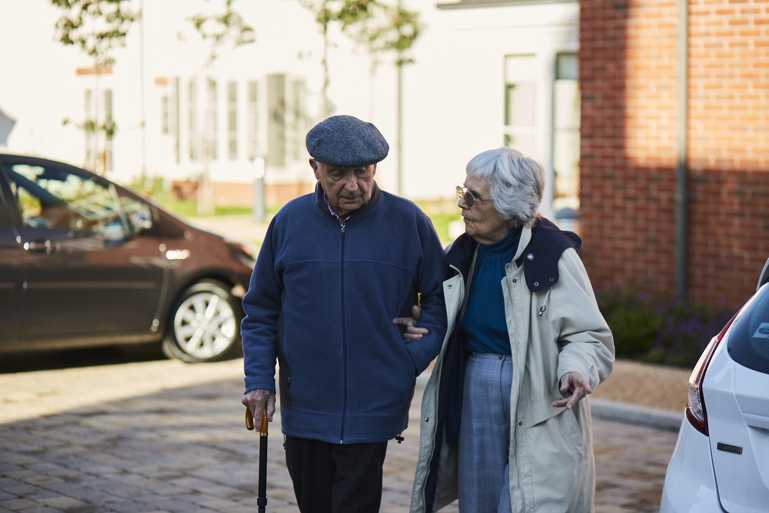 Elderly couple walking