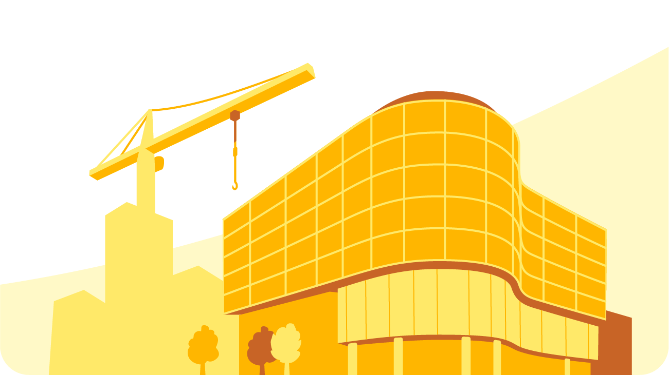 Illustration of The Interchange in Cardiff, UK - a modern building with curved glass panels in the foreground, and a tall construction crane in the background, set against a light yellow curved backdrop.