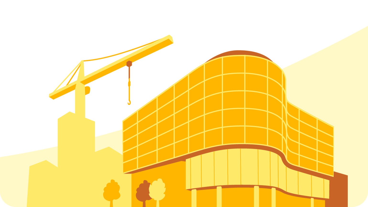 Illustration of The Interchange in Cardiff, UK - a modern building with curved glass panels in the foreground, and a tall construction crane in the background, set against a light yellow curved backdrop. Illustration of The Interchange in Cardiff, UK - a modern building with curved glass panels in the foreground, and a tall construction crane in the background, set against a light yellow curved backdrop.