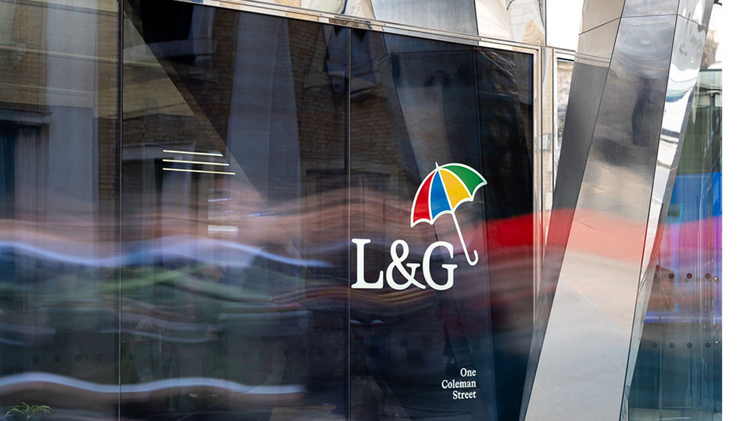 Exterior view of the L&G office at One Coleman Street, London, UK. The building has large glass windows, with the L&G logo. Exterior view of the L&G office at One Coleman Street, London, UK. The building has large glass windows, with the L&G logo.