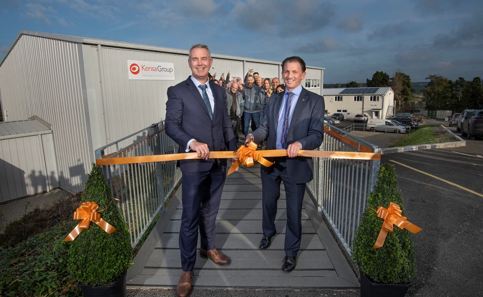 Sir Nigel Wilson, CEO of Legal & General, and Dr Matt Trewhella, CEO of The Kensa Group, cut the ribbon at the official opening of The Kensa Group’s factory in Truro, Cornwall