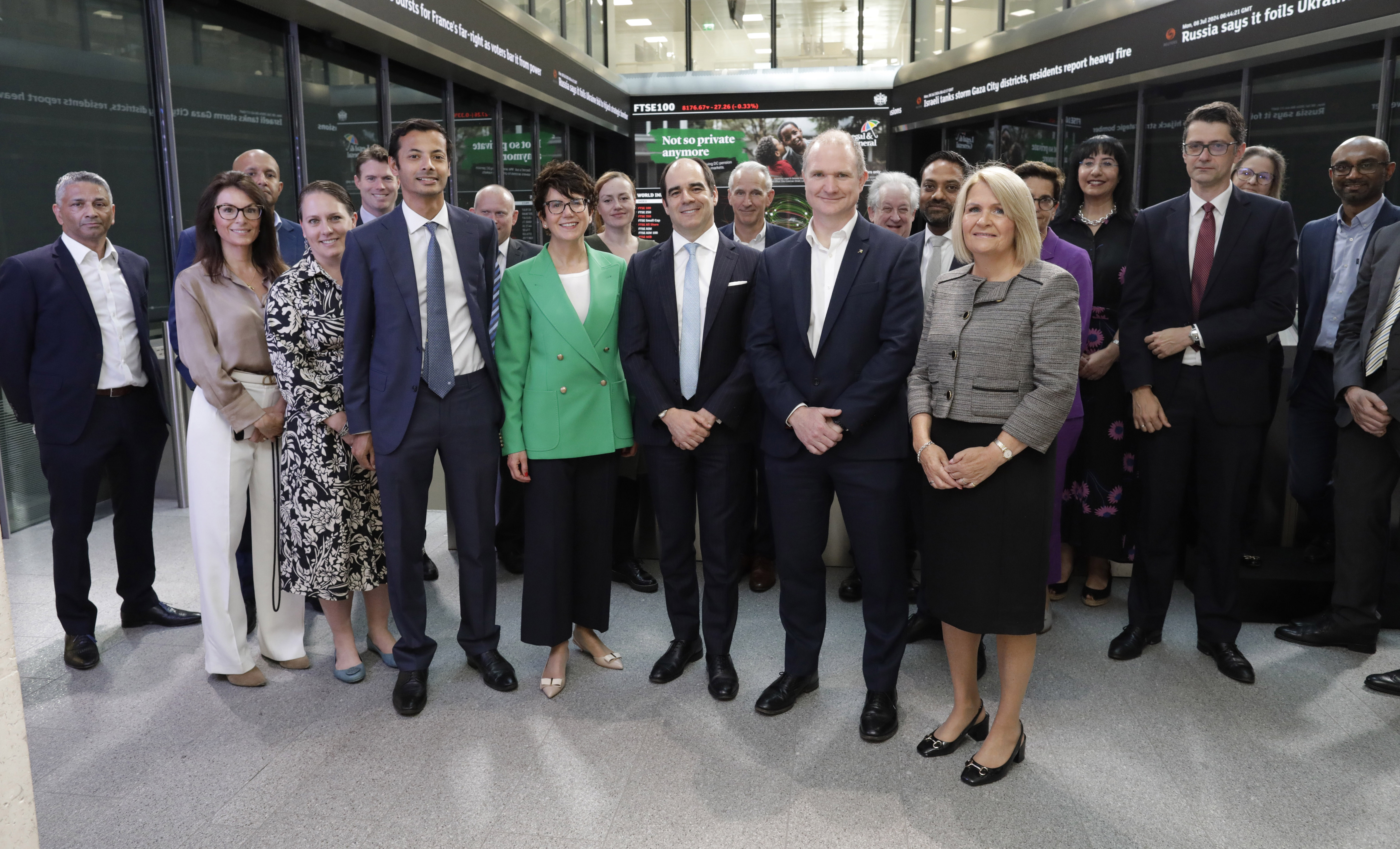 António Simões, Michelle Scrimgeour, and Bernie Hickman at the London Stock Exchange, London, UK, during the launch of L&G's Private Markets Access Fund.