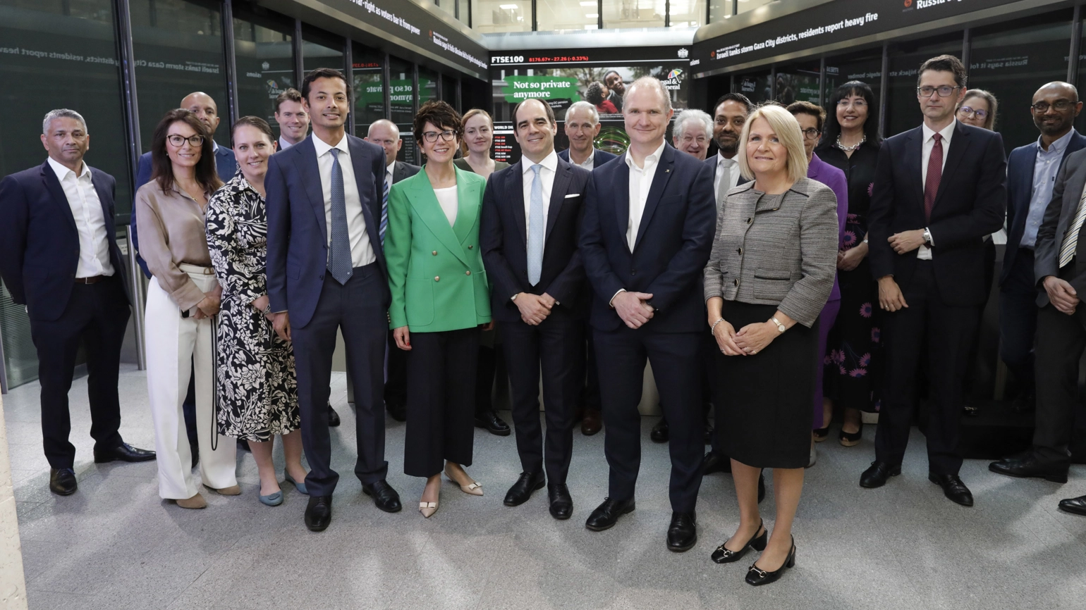 António Simões, Michelle Scrimgeour, and Bernie Hickman at the London Stock Exchange, London, UK, during the launch of L&G's Private Markets Access Fund. António Simões, Michelle Scrimgeour, and Bernie Hickman at the London Stock Exchange, London, UK, during the launch of L&G's Private Markets Access Fund.