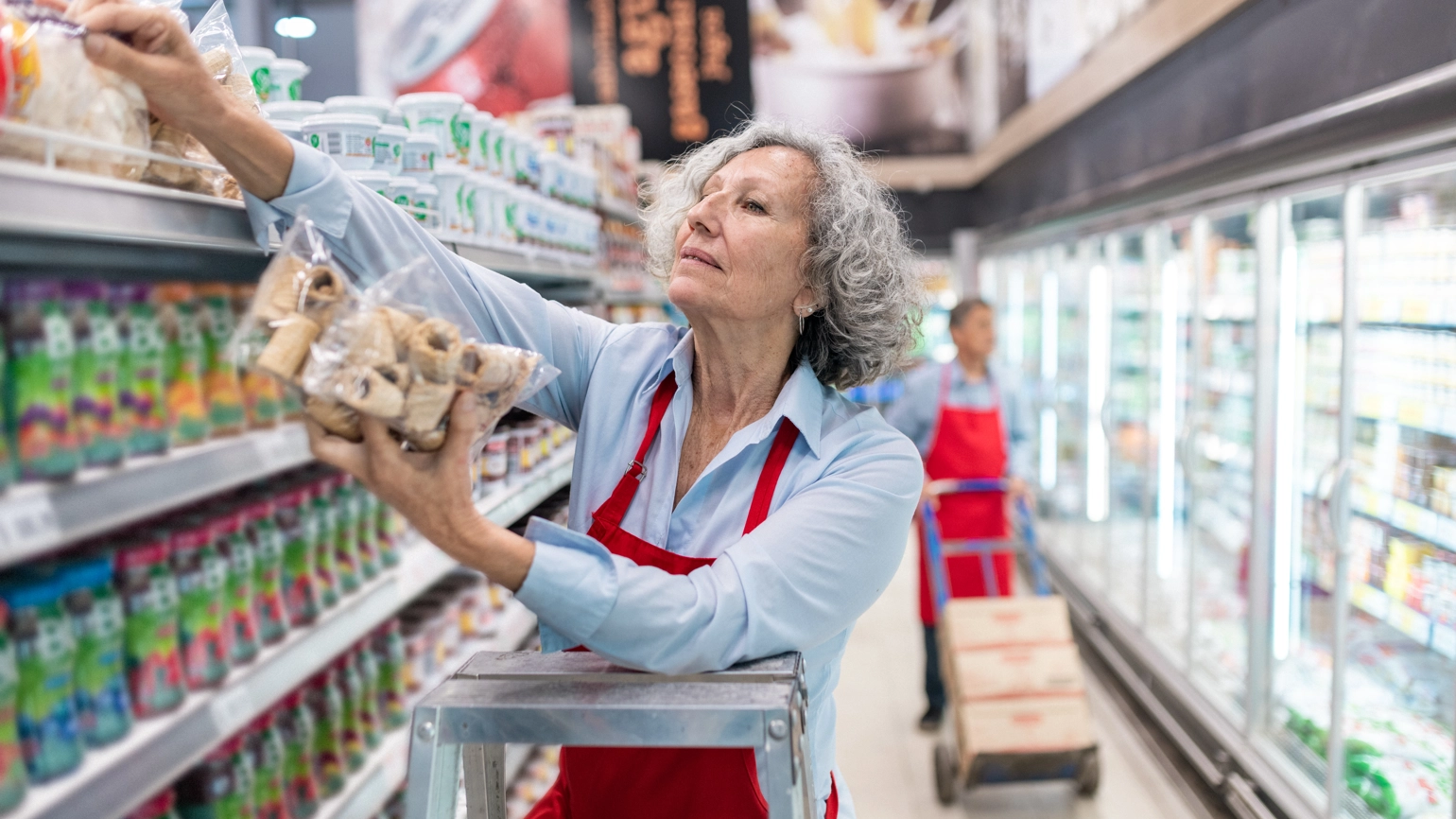 Female elderly sales assistant stocking up in supermarket Female elderly sales assistant stocking up in supermarket