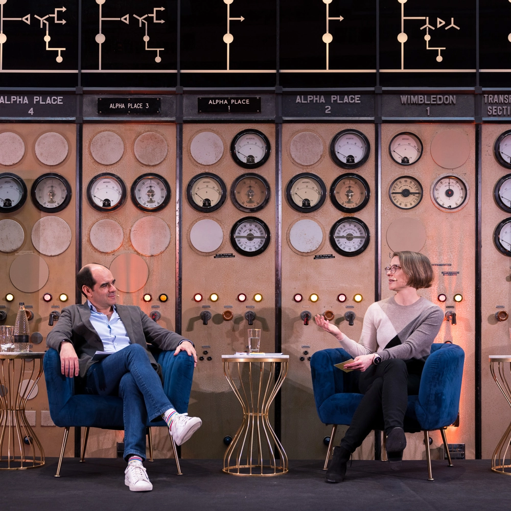 António Simões and Laura Mason on stage at L&G's senior leader event at Battersea Power Station, London, England. António Simões and Laura Mason on stage at L&G's senior leader event at Battersea Power Station, London, England.
