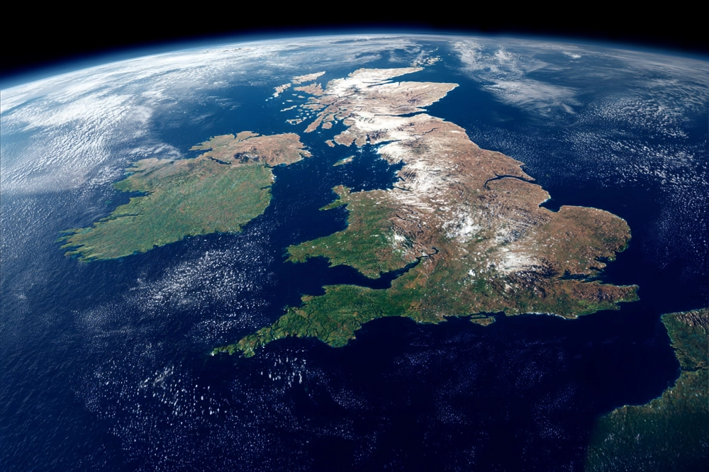 Satellite view of the British Isles, showing Great Britain, Ireland, and surrounding seas under scattered cloud cover Satellite view of the British Isles, showing Great Britain, Ireland, and surrounding seas under scattered cloud cover
