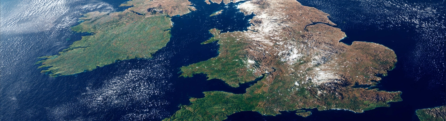Satellite view of the British Isles, showing Great Britain, Ireland, and surrounding seas under scattered cloud cover Satellite view of the British Isles, showing Great Britain, Ireland, and surrounding seas under scattered cloud cover