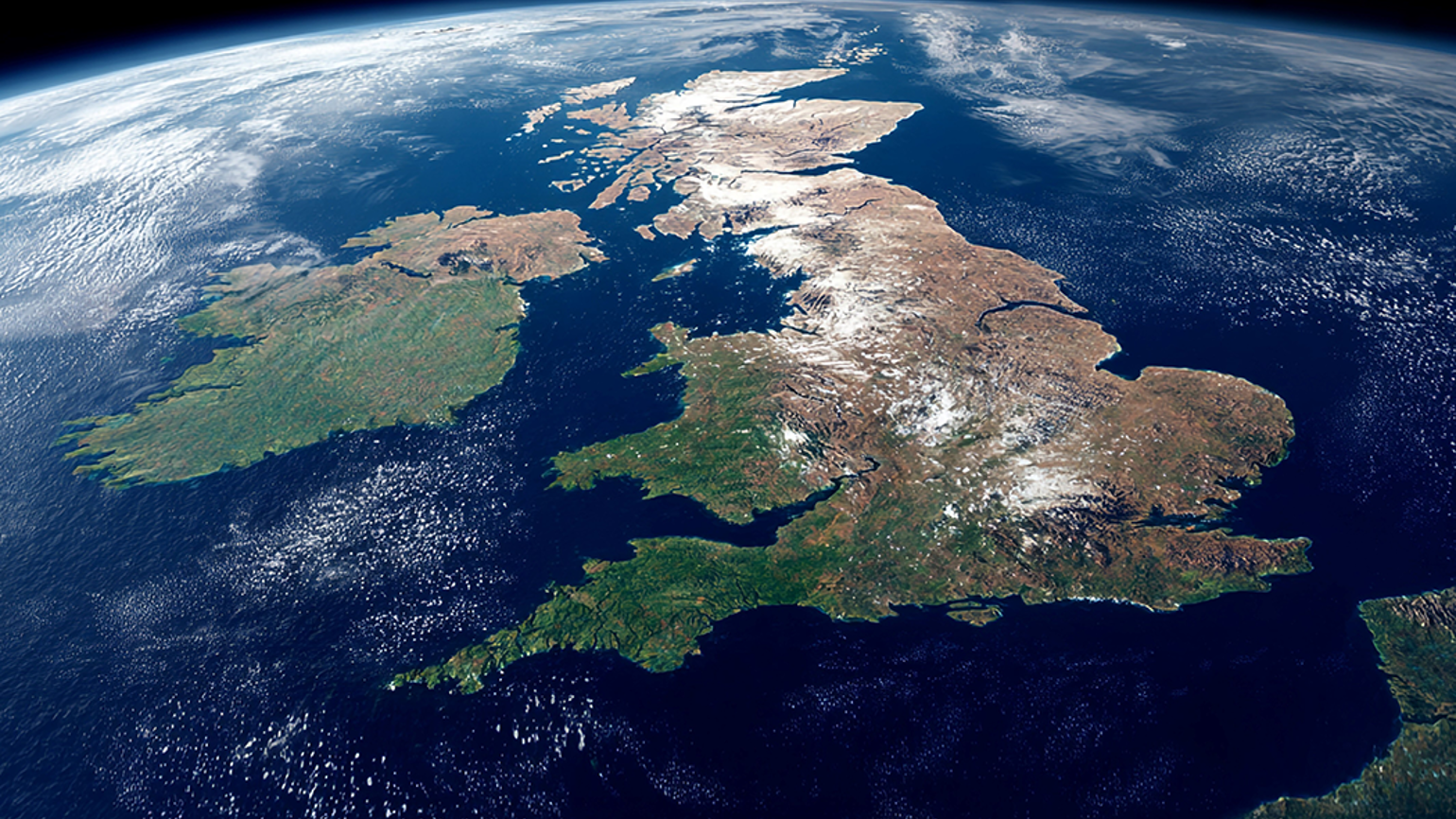 A satellite image of Earth viewed from space, centred on the United Kingdom.