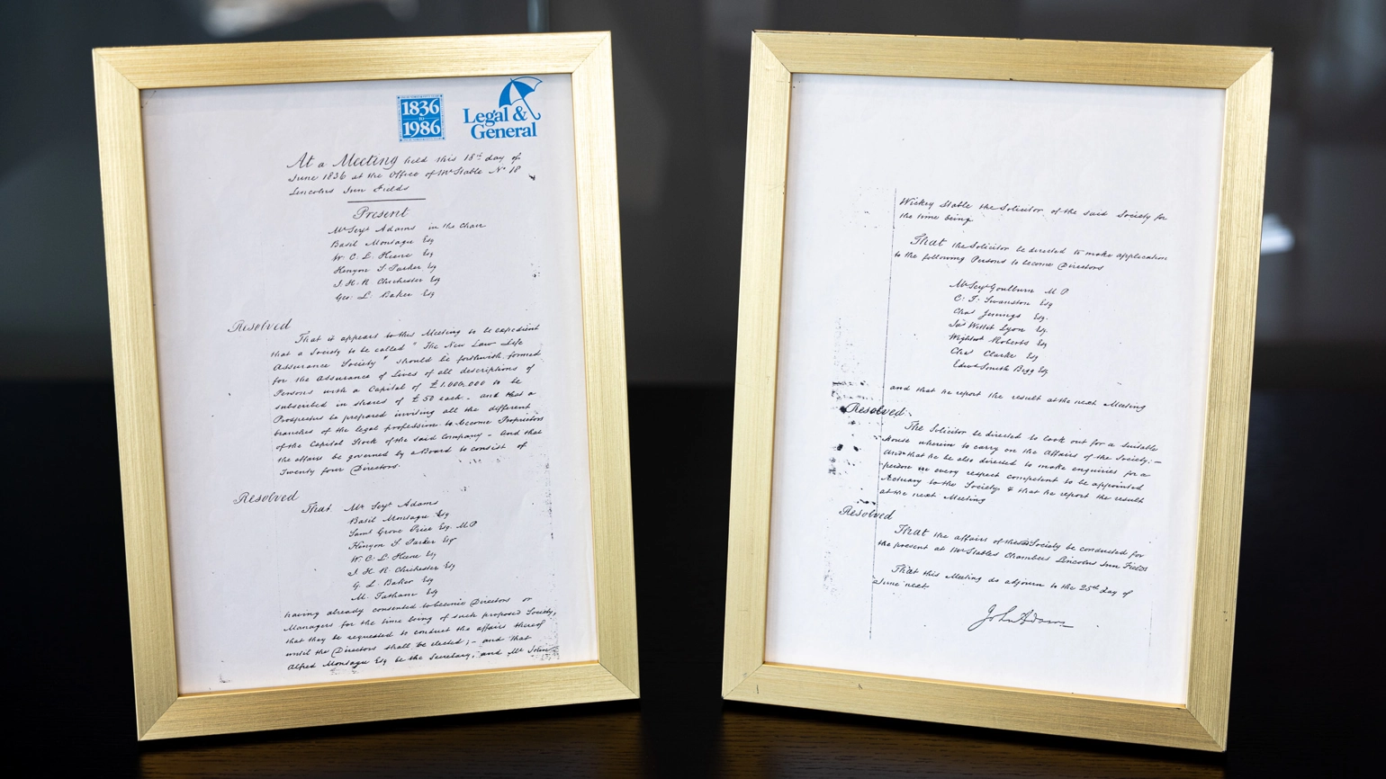 The original handwritten minutes of L&G's first board meeting in 1836, framed. The original handwritten minutes of L&G's first board meeting in 1836, framed.