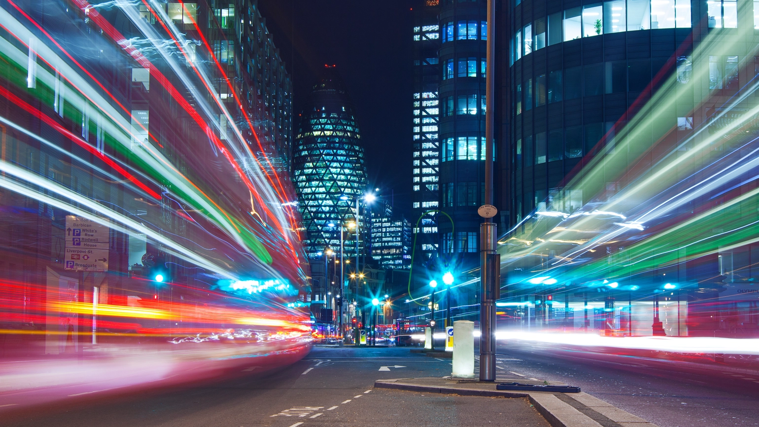 Long exposure image of financial district in London, UK, at night with illuminated buildings.  Long exposure image of financial district in London, UK, at night with illuminated buildings.