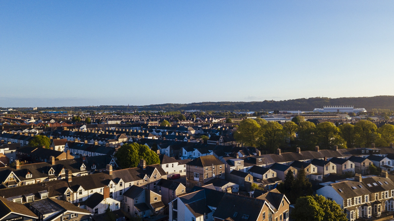 Photograph with birds eye view of suburbs Photograph with birds eye view of suburbs
