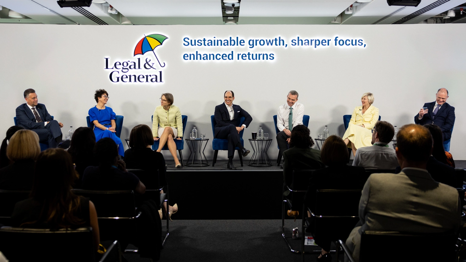 António Simões and the Group Management Committee presenting on stage at L&G's 2024 Capital Markets Event. António Simões and the Group Management Committee presenting on stage at L&G's 2024 Capital Markets Event.