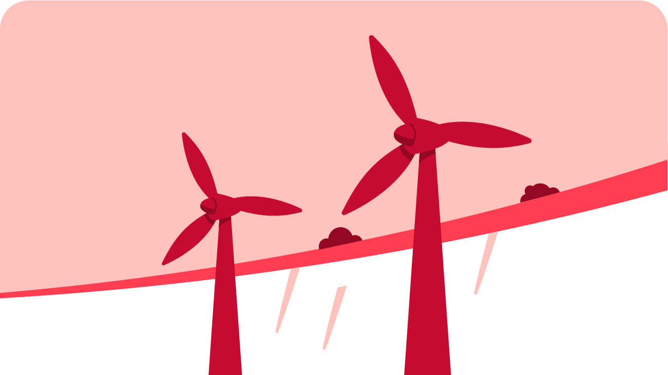 Illustration of two red wind turbines on a sloping landscape with small bushes, set against a light pink curved background.