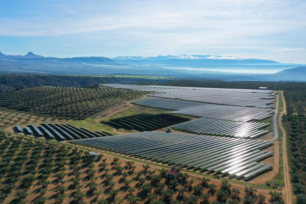 Aerial view of solar panel fields, developed in partnership with sector specialist NTR. Aerial view of solar panel fields, developed in partnership with sector specialist NTR.