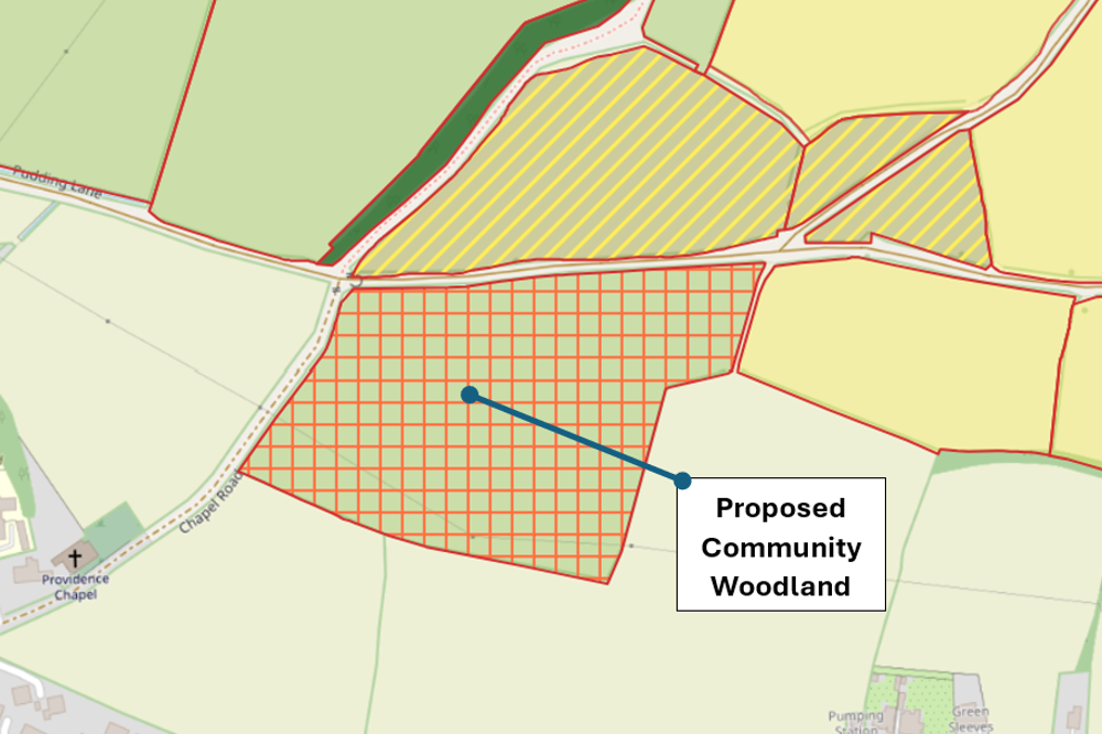 A map highlighting the area of proposed community woodland. A map highlighting the area of proposed community woodland.