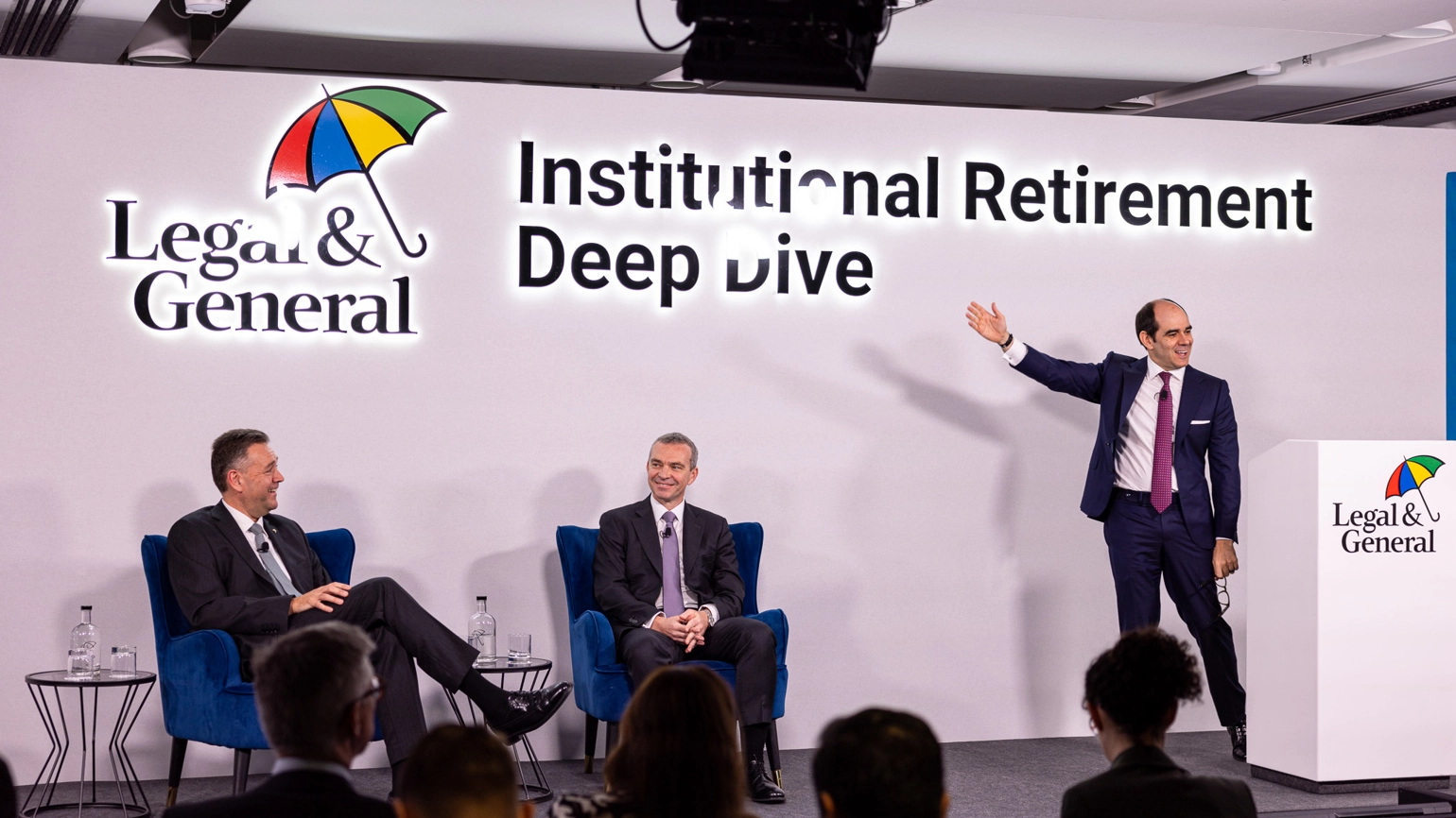 Andrew Kail, Jeff Davies, and António Simões present on stage at L&G's Institutional Retirement Deep Dive event. Andrew Kail, Jeff Davies, and António Simões present on stage at L&G's Institutional Retirement Deep Dive event.