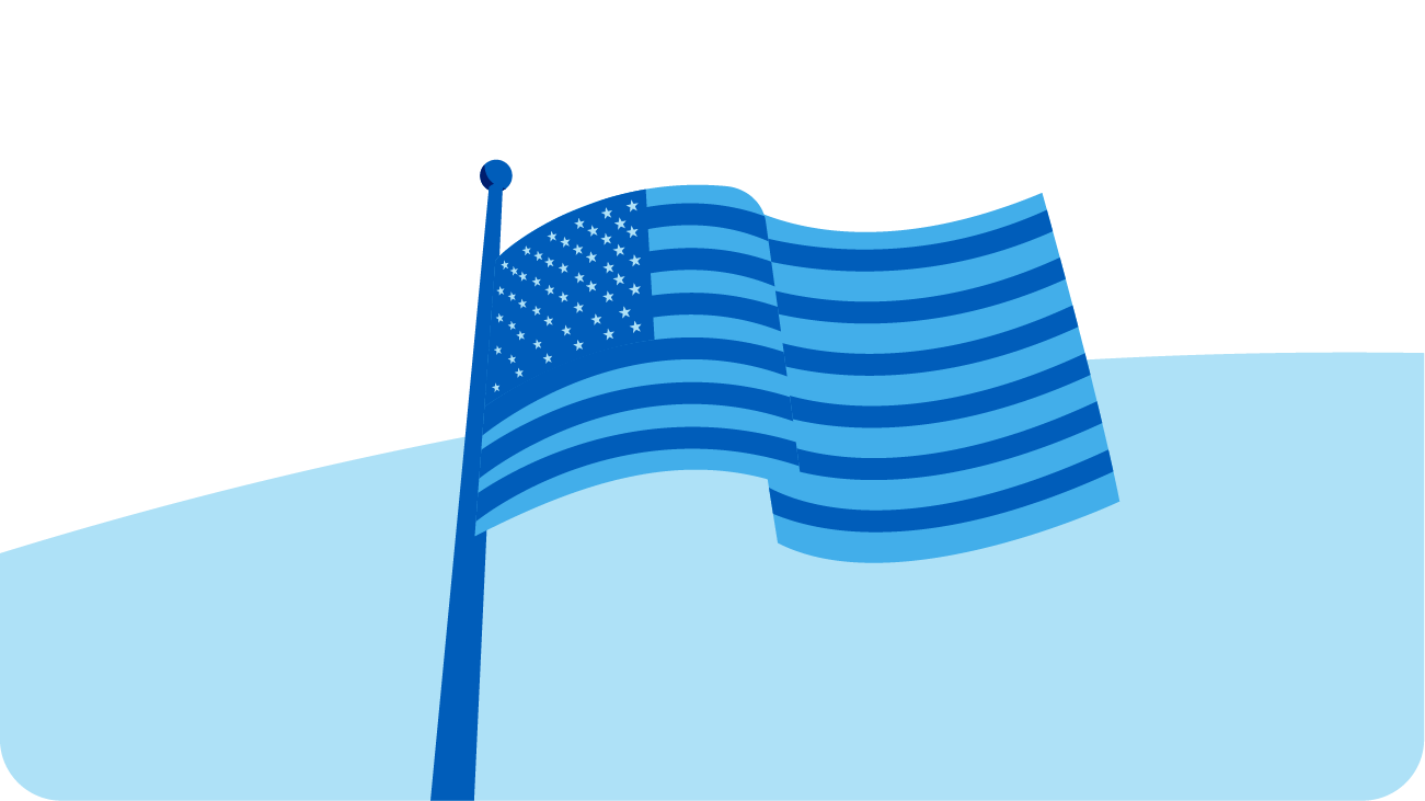 Illustration of a blue American flag with stars and stripes waving on a flagpole, set against a light blue curved background.
